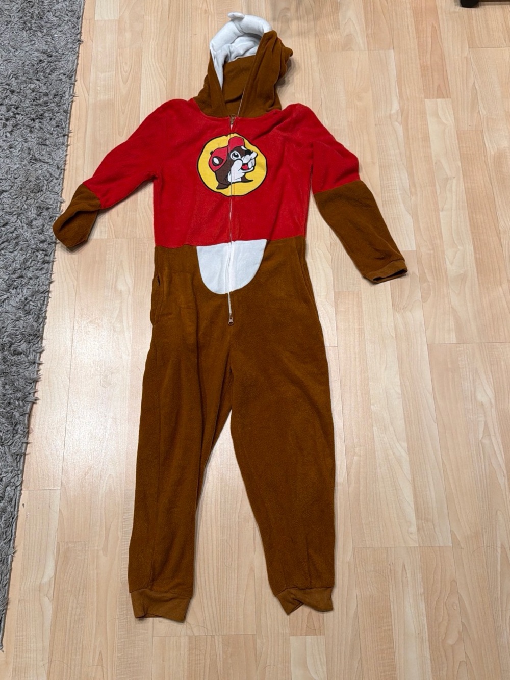 Buc-ee’s Red & Brown Cartoon Hooded One-Piece Bodysuit with Character Patch